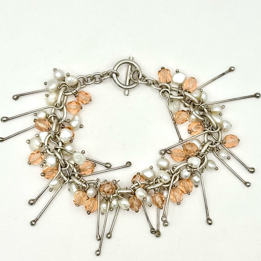 Sterling Silver Beaded Cluster Bracelet w/ Freshwater Pearls & Peach crystals